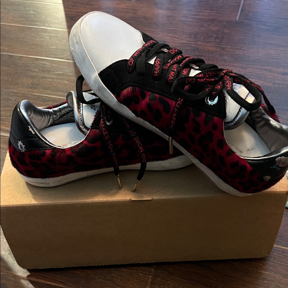 Zadig & Voltaire Red and Black Leopard Patterned Italian leather Sneakers 7.5